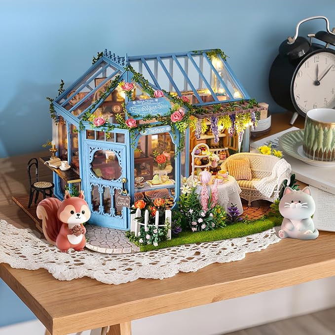 Fsolis DIY Miniature Dollhouse Kit for Adults - Tiny Scene House Mini Garden House Kit 3D Puzzles for Adults Gifts for Women Teenagers Craft Lovers (Rose Garden Tea House)