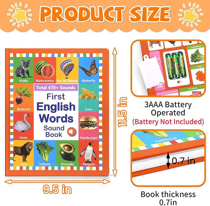 2025 New My First English Words Sound Book Toy, English Learning Talking Book, 470+ Words, 21 Themes, Press to Learn Phonics, Interactive Educational Books for 3 Year Olds A