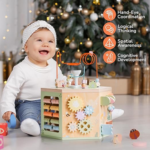 ROBOTIME Wooden Activity Cube for Toddlers, 13 in 1 Montessori Baby Activity Cube, Baby Play Cube Toy with Educational Features, Gift Wooden Cube Toy for Boys & Girls - 1 Year +