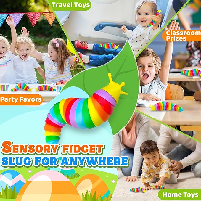 Baby Fidget Slug Sensory Toys Pack 3PCS, Airplane Travel Activities Road Trip Car Toy Autism Autistic for Toddler Kid ASMR Stuff Restaurant Adult ADHD Caterpillar Worm Christmas Stocking Stuffer Gift