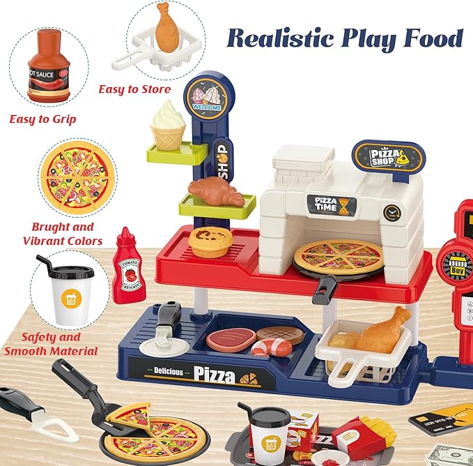 Kids Pizza Oven Play Set: Ice Cream Maker, Card Reader, Cash Register, Play Food (Pizza, Chicken Nuggets, Fries) Play Money - Educational Toy Kitchen Ages 3+