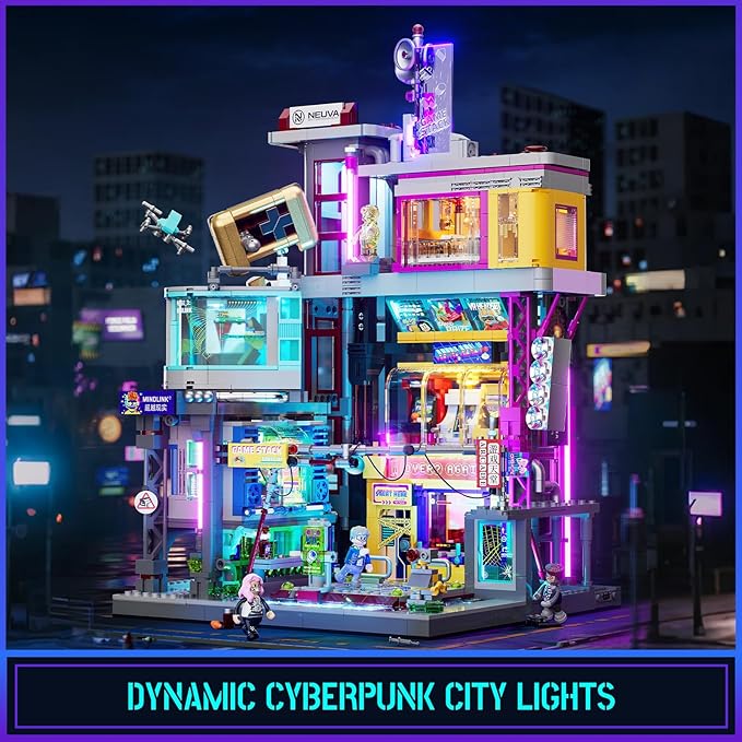 Cyberpunk Game Stack Lighting-Building-Bricks Set - Cyberpunk Neon City Future Gaming Room Street View Collection LED Light Model Set 2580 Pcs for Adults and Sci-fi Lovers