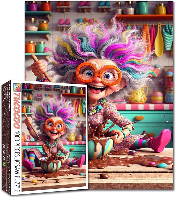 Grandma Baking Puzzles for Adults 1000 Pieces Colorful Kitchen Chaos Jigsaw Puzzles for Game Nights Rainbow Hair Jigsaw Puzzle for Challenging Family Activity Game DIY Craft Puzzle Home Decor Gifts