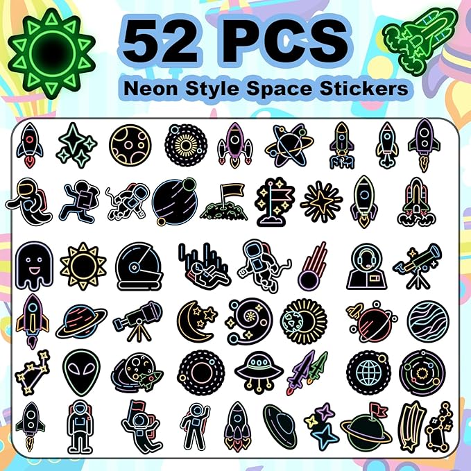 52 PCS Glow in The Dark Neon Space Stickers for Kids, Waterproof Water Bottle Stickers for Kids Astronaut Planet Vinyl Laptop Decals for Teens Girls Boys