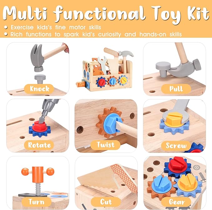 REXBETI Kids Tool Set, 43Pcs Wooden Toddler Tool Bench with Electric Drill, Apron and A Pack Stickers(50pcs), Montessori Construction Toddler Tool Set