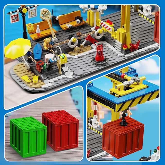 City Seaside Harbor Building Set Compatible with Lego Cargo Ship Boat Toy, Container Crane and Truck, Construction Toy for for Adults Teens Kids Girls Boys 6+