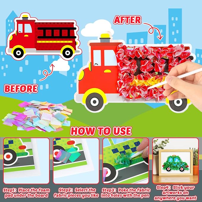 8PCS Poke-in Craft and Art Kit for Kid Transportation Vehicle Theme No-Mess Fabric Sewing Art Girl Boy 4-12 Puzzle Puncture Painting Truck Car Toy Gift Creative Activity Game Birthday Party