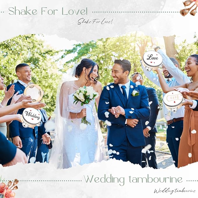 24 Set 6 Inch Tambourine for Adults Wooden Hand Held Drum with Metal Jingles, Gift Tags, White I Love You Printed Ribbon Percussion Gift Musical Instrument for Church Wedding Party Favor