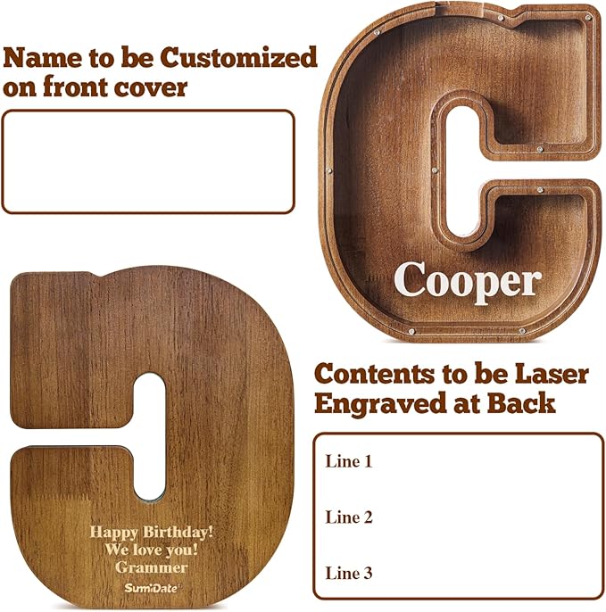 Summidate Customized Name Extra Large Wooden Piggy Bank for Kids Boys Girls Alphabets Letter A-Z Coins Bills Money Change Saving Box Clear Cover (Laser Engraved) Educational Toys 12"- Letter C