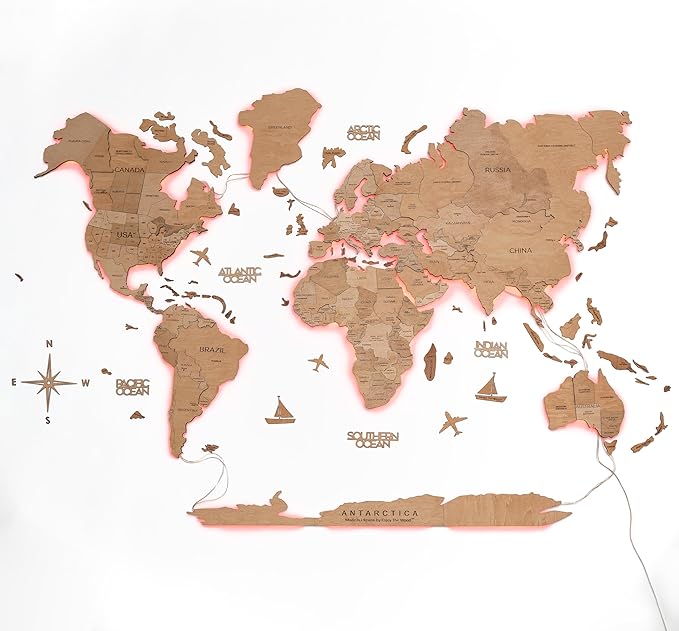 Enjoy The Wood 3D Wood World Map LED 3.0 Wall Art Modern Home Decor Gifts LED Lighting Wall Decor Housewarming Gift (Light)
