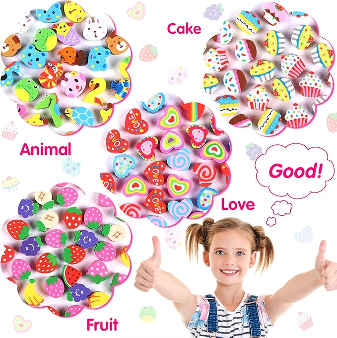 JUNEBRUSHS 150 Pieces Mini Erasers for Kids Bulk, Novelty Animal Erasers,Pencil Erasers Assortment,Cute Small Erasers for Students Homework School Classroom Rewards Prizes ,Party Favors Multicolor