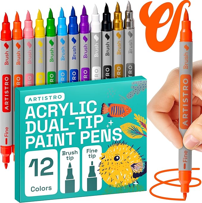 ARTISTRO 12 Dual Tip Brush + Fine Acrylic Paint Pens Ideal for Calligraphy - Paint Markers for Fabric, Rock, Glass, DIY - Stocking Stuffers, Christmas Gift Idea for Teens, Grandkids, Kids
