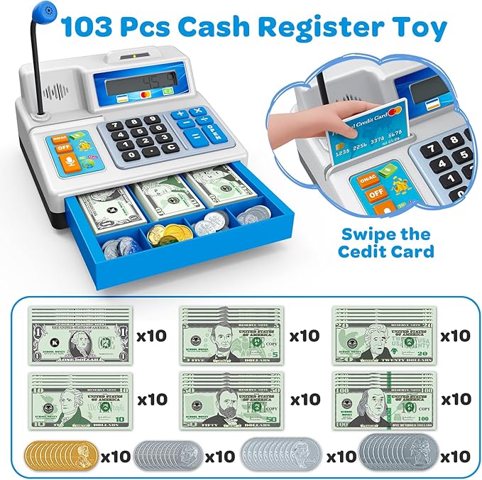 Calculator Cash Register Toy Gift for Kids Age 3, 4, 5, 6, 7, 8+ Year Old, 103 Pcs Grocery Store Playset with Microphone, Credit Card, Cash Register for Toddlers Kids 4-8