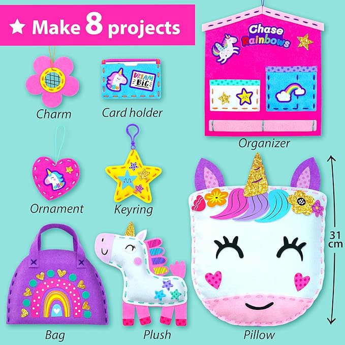 KRAFUN My First Unicorn Kids Sewing kit, Beginner Arts & Crafts, Make 8 Cute Projects with Plush Stuffed Animal, Pillow, Mobile, Keyring and Bag, Instructions & Felt for Learn Sewing, Embroidery