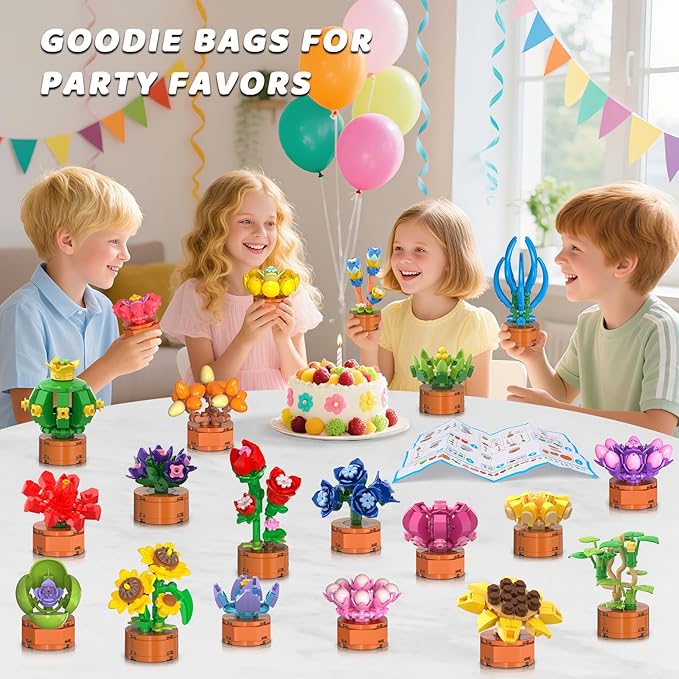 24 Pack Flowers Succulents Party Favors for Kids Building Set - 1012 PCS Botanical Bonsai 3.6MM Mini Building Blocks Toy for Classroom Prizes Easter Basket Stuffers Birthday Gift for Girl Boy Ages 6+