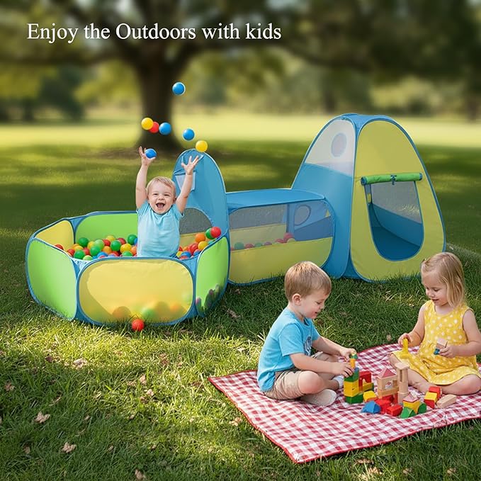 3 in 1 Kids Play Tent with Tunnel & Ball Pit,Pop Up Indoor/Outdoor Playhouse for Boys and Girls,Crawling Tunnel Toy with Fun Toss It Game Zone,Easy Setup Foldable Carry Bag (Balls Not Included)