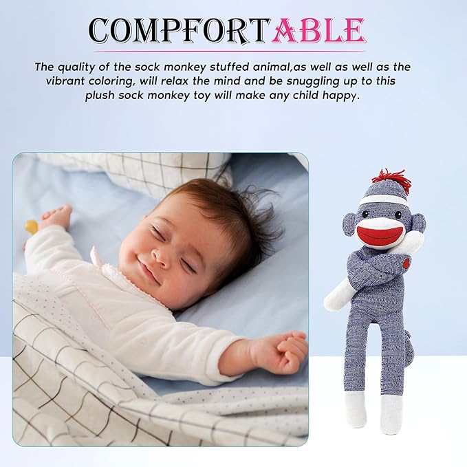 Adorable Sock Monkey, The Original Traditional Hand Knitted Stuffed Animal Toy Gift-for Kids, Babies, Teens, Girls and Boys Baby Doll Present Puppet (20" Blue)