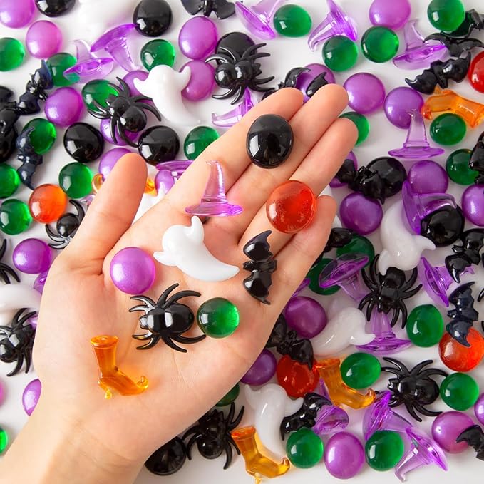 100+ Halloween Sensory Bin Filler & Vase Filler Acrylic Gems Mini Resin Animals Spider Bat & Ghost Witch Hat Boots, for Halloween Decoration, Vase Filler, Sensory Bin Filler Preschool Counting Gems