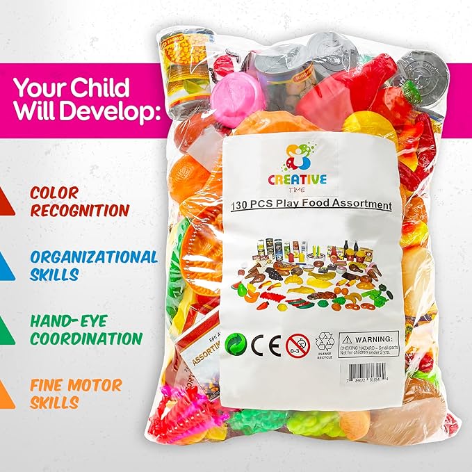 MEDca Kids Play Food Set - 130 Piece Pretend Play Collection - Assorted Fake Food Set Includes Fruits, Vegetables, Snacks, Dessert, Juices, Canned Goods and More for Boys and Girls