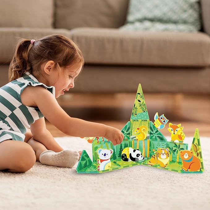 PicassoTiles Magnet Tile Building Blocks Forest Animal Themed Playset with 8 Character Action Figures Educational STEM Learning Construction Kit Pretend Play Magnetic Tiles Toddler Kids Ages 3+ PTQ26
