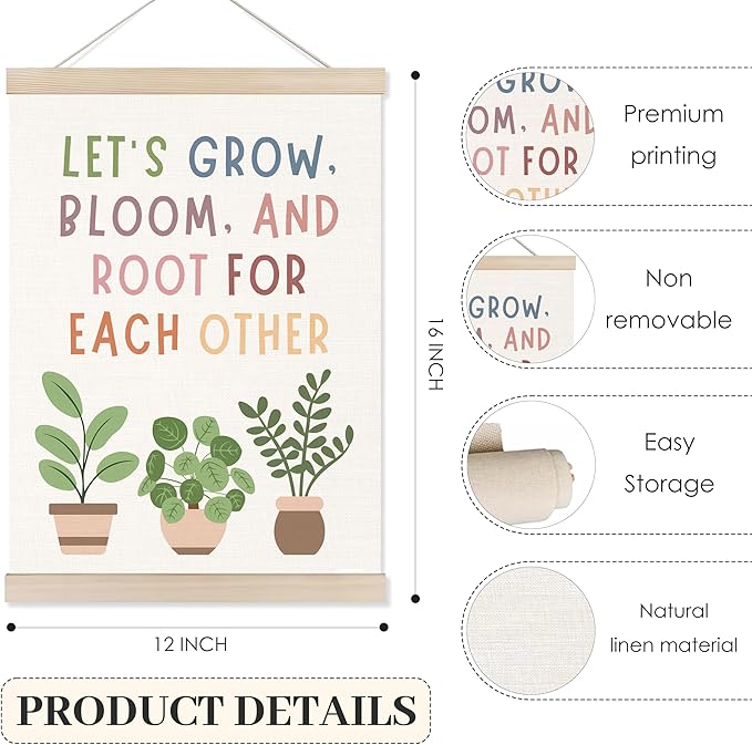 Koesus Boho Mental Health Wall Art Poster Hanger Frame 12x16 Inch, Let's Grow Bloom Root for Each Other Canvas Pictures Prints Framed Wall Decor for Classroom Therapy School Counselor Office