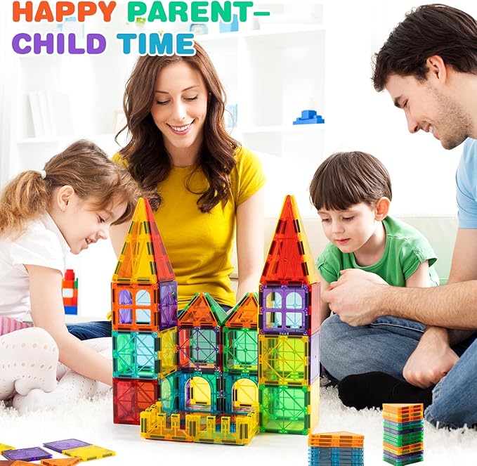 Magnetic Tiles, 135PCS Magnetic Building Blocks with 2 Cars, Large Magnet Building Set,STEM Sensory Educational Toys Gift for Toddlers Kids Boys Girls.