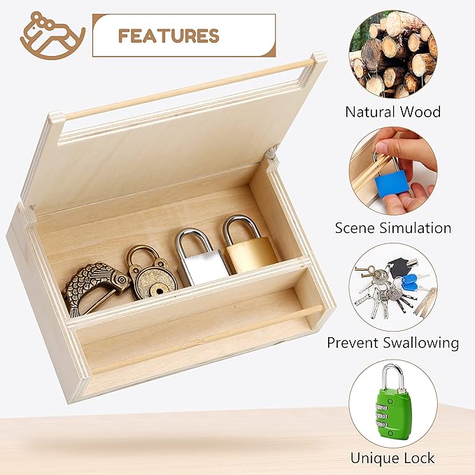 Woodtoe 8 PCS Montessori Lock and Key Toy, Montessori Toys for 3 4 5 Year Old, Kids Tool Set, Montessori Materials Preschool Learning Sensory Toy, Fine Motor Skills, STEM Toys for Toddlers Kids