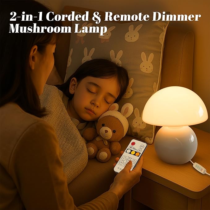 NATSUKASHI Mushroom Lamp for Bedroom - White Ceramic Mushroom Table Lamp with Remote, Dimmer & Cord Clip - Mid Century Modern Aesthetic Desk Lamp for Nightstand, Living Room, Gift Decor