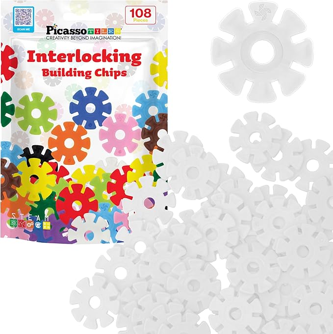 PicassoTiles Building Chip Interlocking Disc Construction Blocks in White Color STEM Learning Early Education Toy Engineering Playset Child Brain Development for Toddlers Girls Boys Kids Age 3+ PTF108
