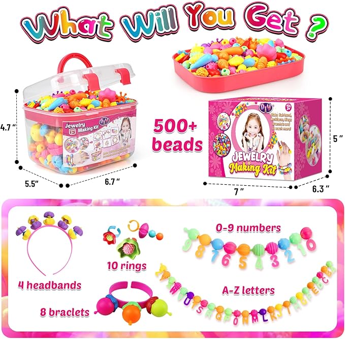 FUNZBO 520+ Snap Pop Beads - Jewelry Making Kit for Kids, Arts and Crafts for Kids Ages 4-8, Toys for 3 4 5 6 Years Old Girls Birthday Gifts Ideas, Bracelet Necklace Ring Snap Set for Little Girls