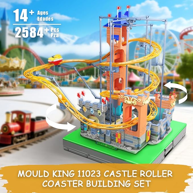 Mould King Roller Coaster Building Block Set, 2584+ Pcs Castle Theme Amusement Park Model Kit with Motors, STEM Construction Rollercoaster Building Set, Home Decoration Gift for Teen Adult