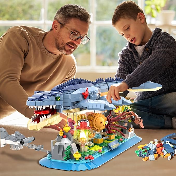 Mosasaurus Building Set with LED Light, 1219 PCS Movable Ocean Animal Building Block Toy with Nautiluses Jellyfish Squid Coral Reef, Ancient Reptile Home Decor Gift for Adults Teens Boys 12+