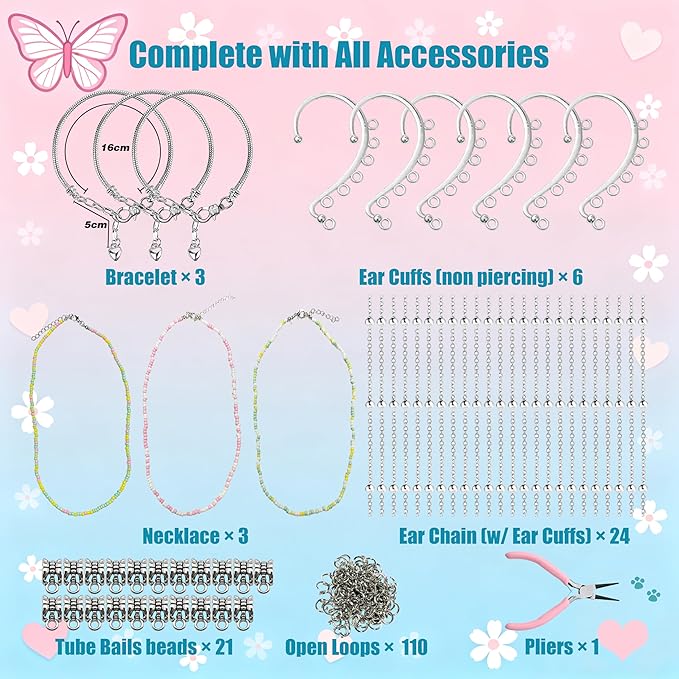 GO2HEJING Charm Bracelet Making Kit for Girls, Jewelry Making Kit for Girls 8-12, Ear Cuff/Necklace Craft Kit, Cute Face Temporary Tattoos for Kids, Mermaid Toys for Teenage Birthday Gift (Ocean)