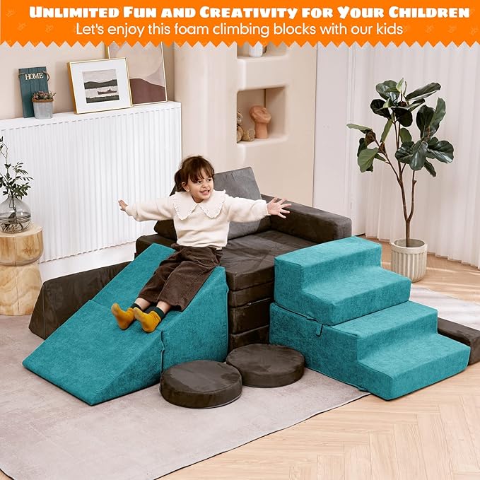 jela Toddlers Climbing Toys Indoor, Toddler Indoor Playset, Safe Soft Foam Climbing Blocks with Slide Stairs, Climbing Toys for Toddlers Luxury Miss Fabric, Soft Couch Slide (Lightblue)