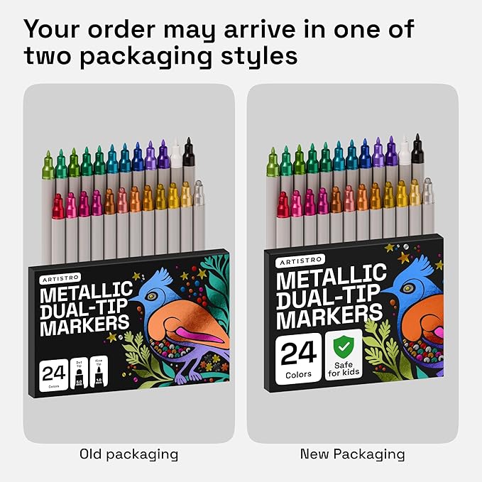 ARTISTRO 24 Metallic Acrylic Paint Markers for Rock, Fabric, Wood, Glass, Craft, Decoration - Dual-Tip Paint Pens - Stocking Stuffers, Christmas Gift Idea for Teens, Grandkids, Kids - Art Supplies