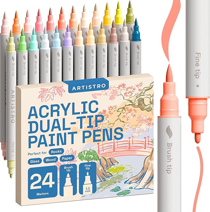 ARTISTRO 24 Pastel Dual Tip Brush + Fine Acrylic Paint Pens Ideal for Calligraphy - Paint Markers for Fabric, Rock, Glass, DIY - Stocking Stuffers, Christmas Gift Idea for Teens, Grandkids, Kids