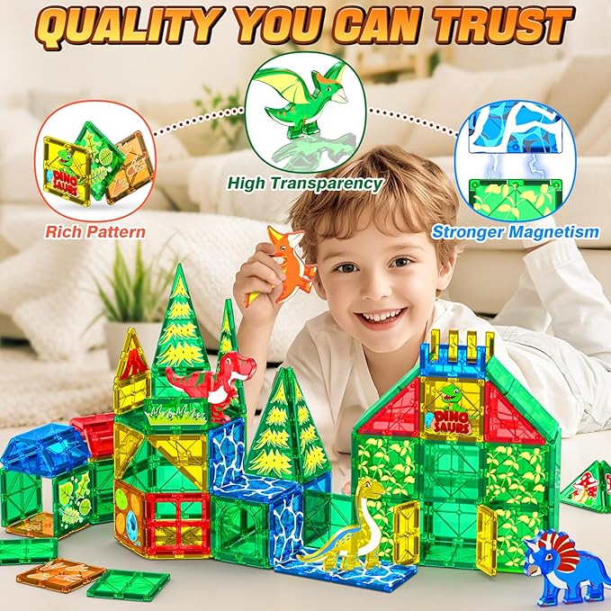 Magnetic Tiles Dinosaur Toys for Kids 3-5 4-8 Magnet Building Blocks Toddler Toy - Dino World Magnetic Toys STEM Creative Games Christmas Birthday Gifts for 3＋ Years Old Boys Girls