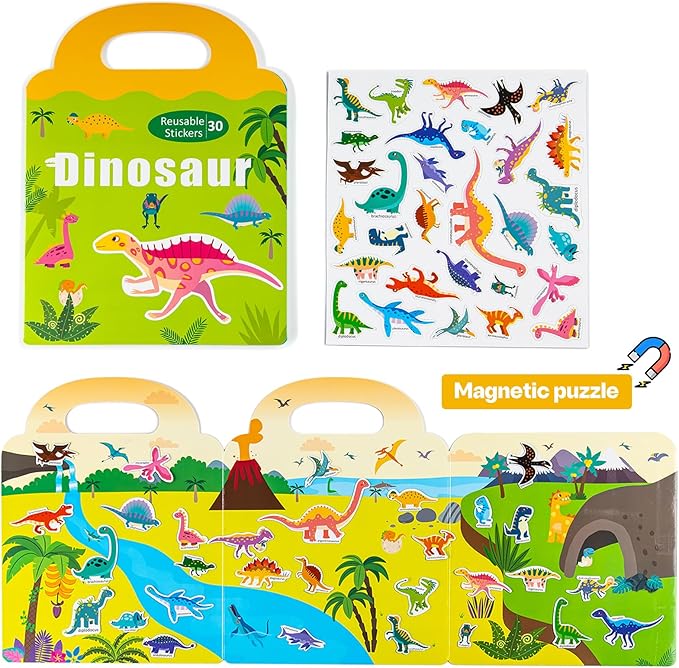 Magnetic Reusable Sticker Book for Toddler, Dinosaur Activity Magnet Book for 3 4 5 Years Boys Girls Road Trip Airplane Train Travel Essentials Toy for Kids Birthday Gifts Educational Learning Toys