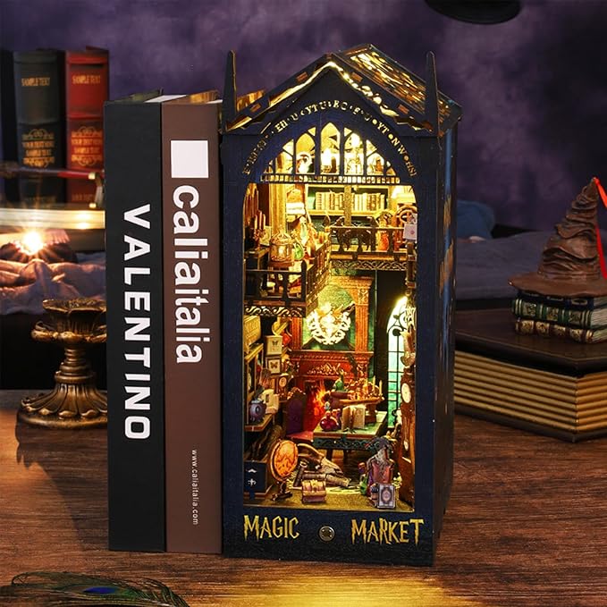 ISSEVE DIY Book Nook Miniature Kits for Adults, 3D Wooden Puzzle Dollhouse Miniature House Kit for Booknook Shelf Insert Decor, Creative Assembled Bookends Bookshelf with Sensor Light (Magic Market)