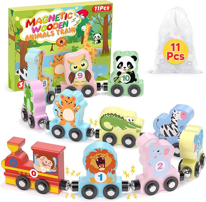 11 Pcs Magnetic Train Set Montessori Toys for 1 2 3 Years Old Toddlers Boys Girls, Wooden Animals Preschool Learning Activities Educational Sensory Toys Birthday Gifts Ages 1-3, 2-4
