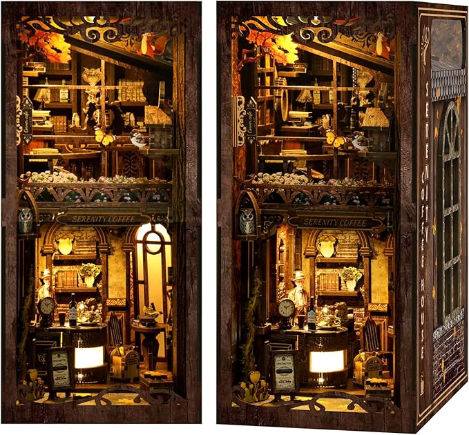 ISSEVE Book Nook Kit, DIY 3D Wooden Puzzle Dollhouse Booknook for Adults, Tiny Miniature House Kit Bookshelf Decor with LED Light and Dust Cover, Gifts for Family and Friends (Coffee House)