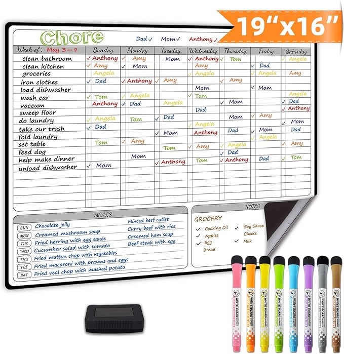JJPRO Magnetic Dry Erase Chore Chart for Adults:Large Whiteboard16 x19-Chore Chart,Calendar,Meal Board Notes All-in-One,Behavior Chart,Teenagers,White