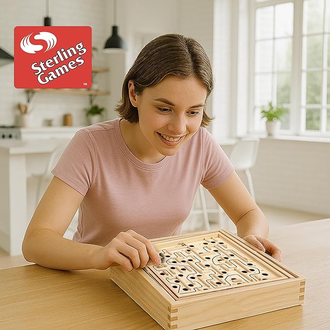 STERLING Wooden Labyrinth Marble Maze Game, Large 12.75" x 11.5" Tilt Maze Game Board with 60 Waypoints and Marble Balls Included, for Kids and Adults 6 Years and Up