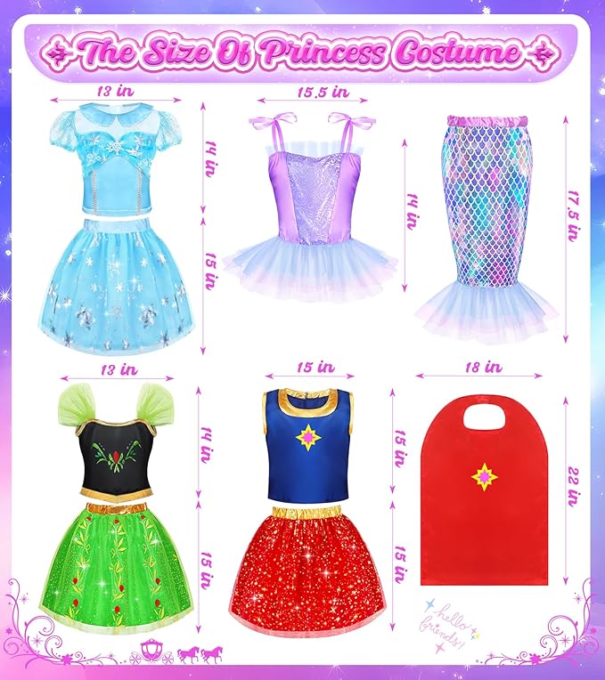 Princess Dress Up Clothes for Little Girls, 16 PCS Princess Toddler Dress Up Costumes, Kids' Dress Up Pretend Play Toys Gifts for Toddlers, Mermaid Dress Up Set with Accessories for Girls 3 4 5 6