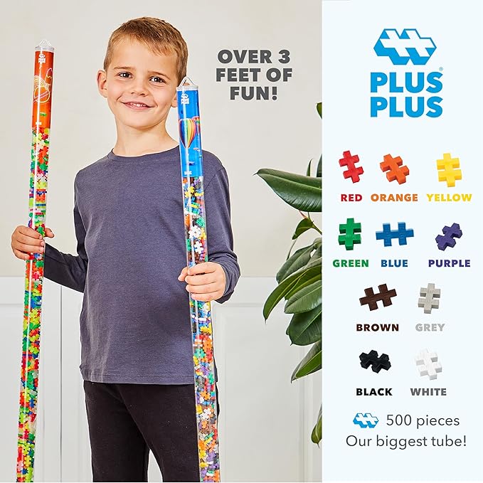 Plus Plus 500 Piece Super Tube, Interlocking Building Block 3D Puzzle Kit, Kids Stem Connecting Toys - Basic Color Mix