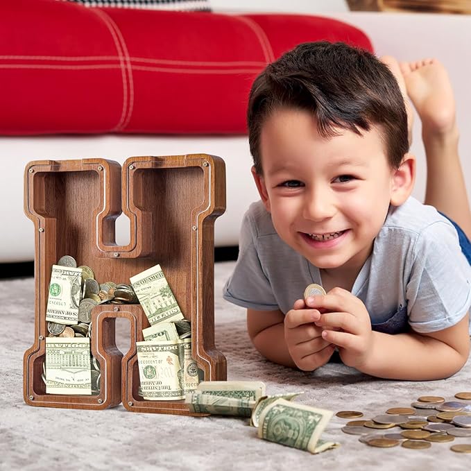 Summidate Customized Name Extra Large Wooden Piggy Bank for Kids Boys Girls Letter A-Z Coins Bills Money Change Bank Box Clear Cover (Laser Engraved) Educational Toys 12"- Letter H