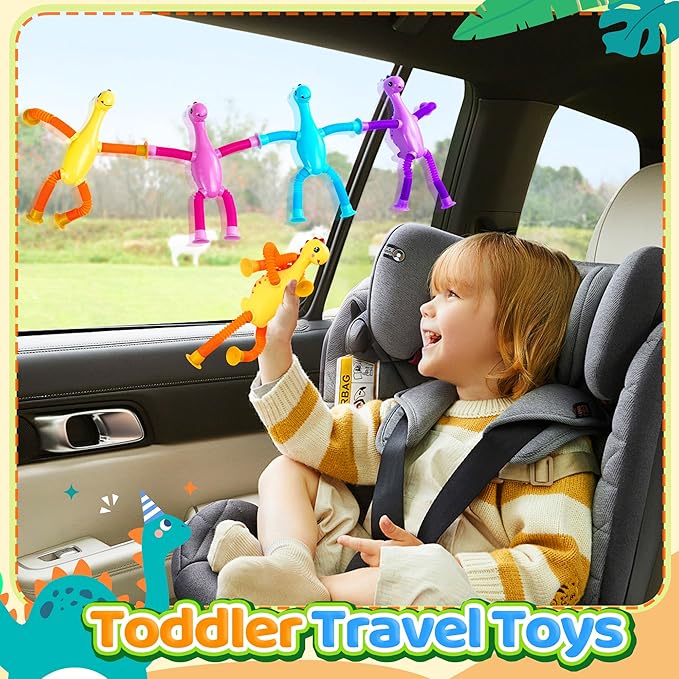 4Pcs Dinosaur Stocking Stuffers Airplane Travel Toys for Toddlers Kid Boys Girls Year Old Age 3+ Sensory Suction Tube ADHD Autism Road Trip Car Activities Essential Pop Fidget Toys Autistic Kid Gift