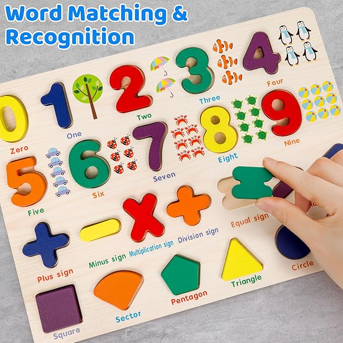 Number Puzzle Wooden Puzzles for Toddlers 1 2 3 4 5 Year Old, Shape Learning Puzzles Toddler Toys with Puzzle Board & Letter Blocks, Preschool Educational for Girls Boys, Pattern Number
