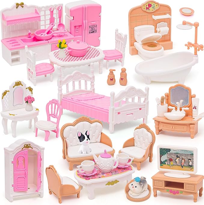 Doll House Mini Furniture 45 Pcs Dollhouse Furniture Set Accessories Pretend Play Bedroom Living Room Bathroom Kitchen for Kids Birthday and Christmas Mixed Color