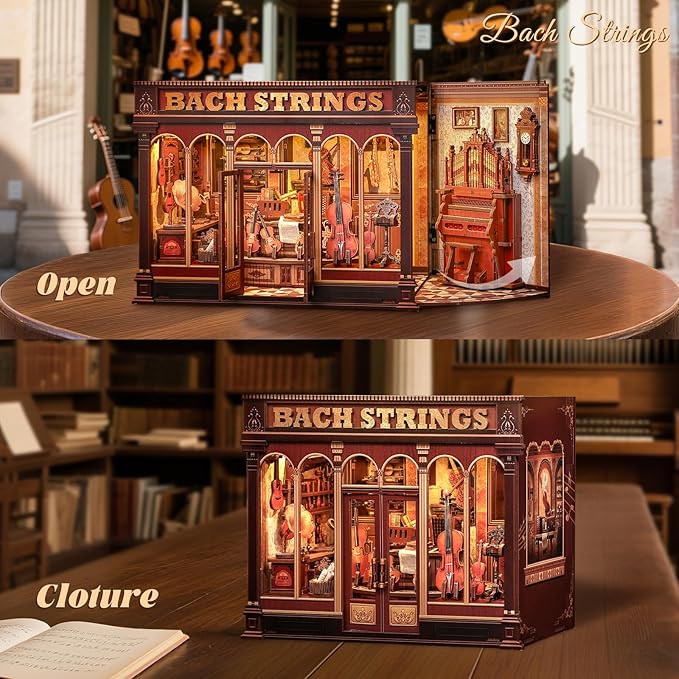 Fsolis Book Nook Kit - DIY Scene Miniature Dollhouse Kit for Adults, Shelf 3D Puzzles 285 pcs, Tiny House Mini Music Shop Model Booknook Craft Bookshelf Decor Gifts for Women (Bach Strings)